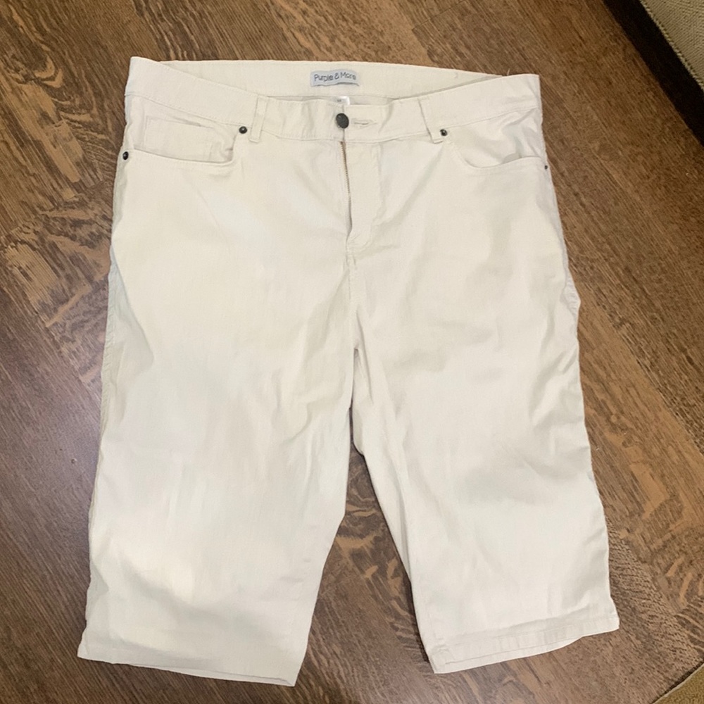 Midcalf size 12 zipper front pants. Thin beige and white stripe